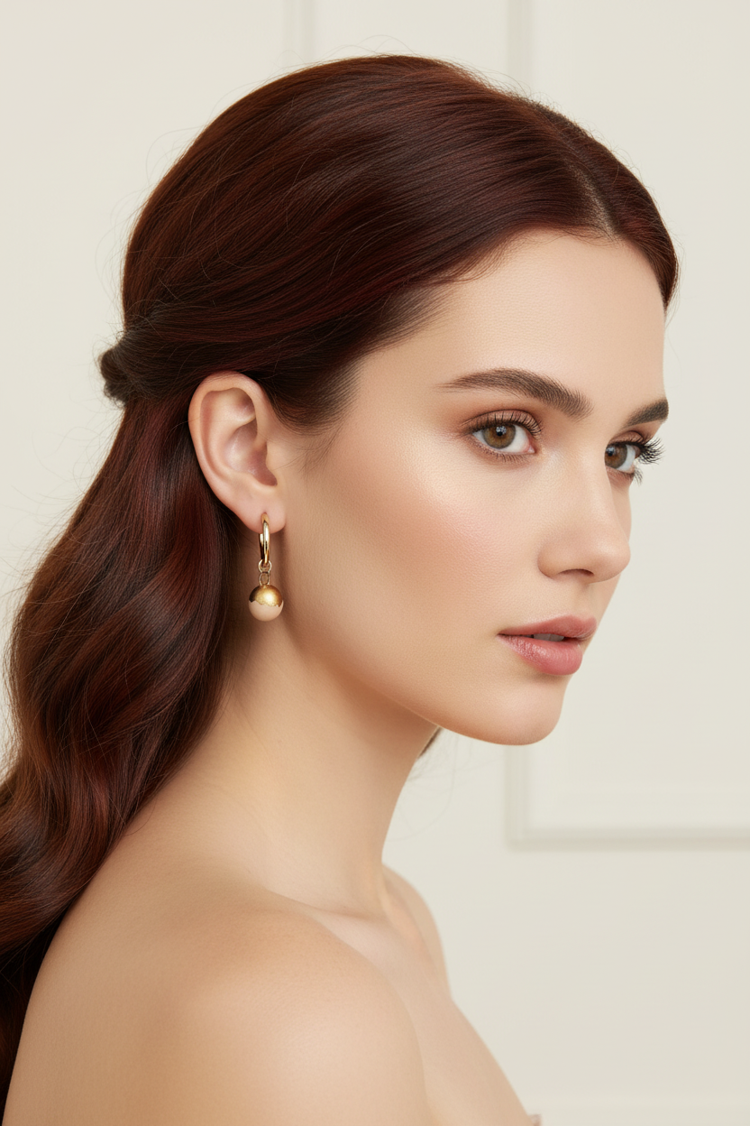 Gold-beige ceramic charm earrings on model with red caoba hair