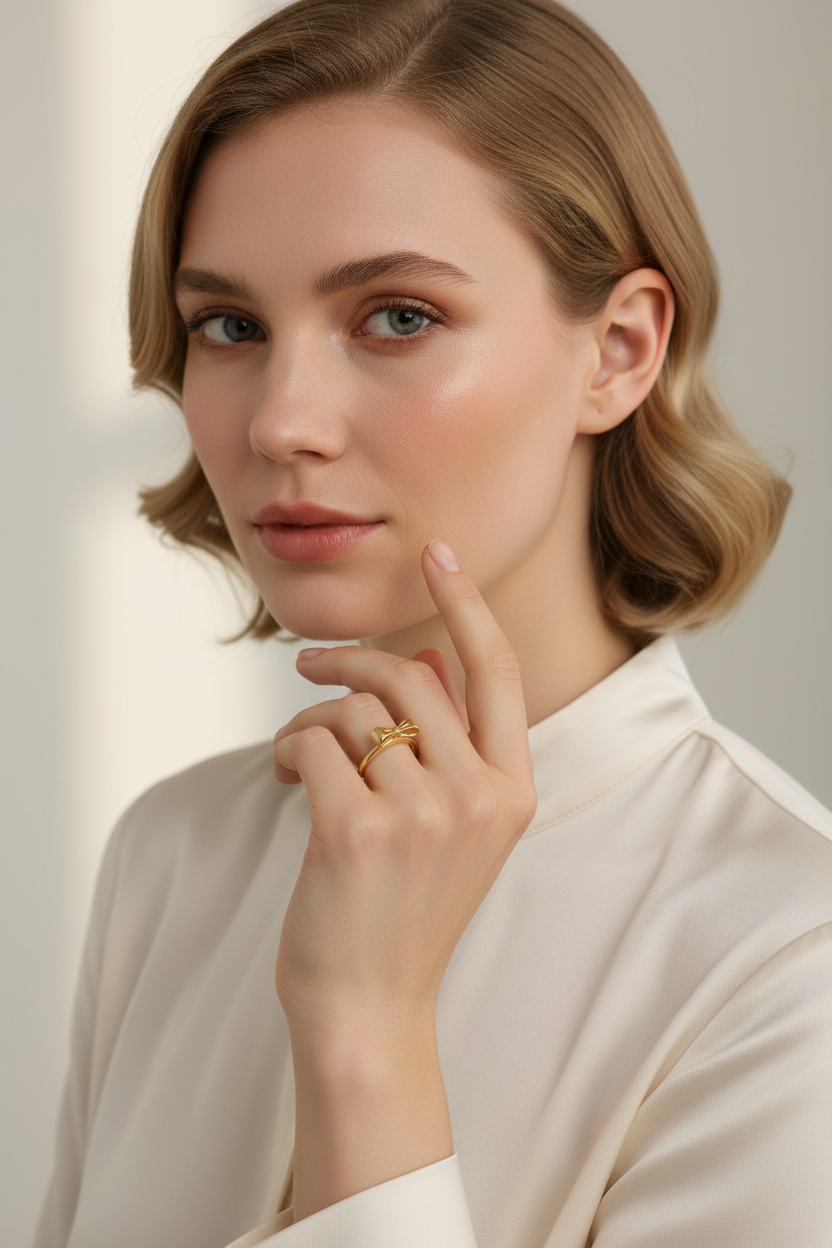 Gold Bow Band Ring 18k PVD on Hand – Minimalist Stacking Ring for Women

