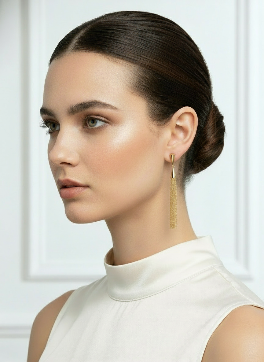 Gold Chain Tassel Earrings on Model - Bright Gold