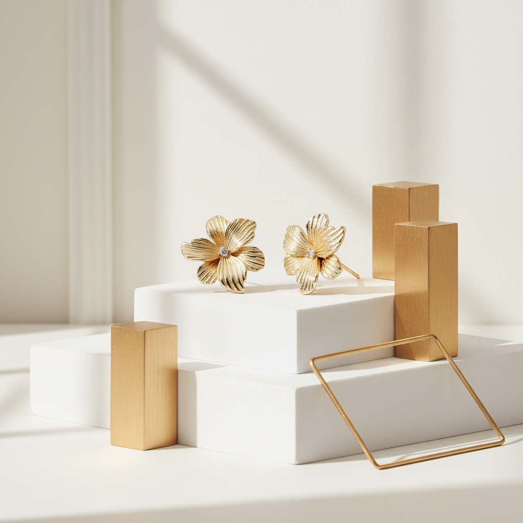 Shiny gold chunky button stud earrings in elegant white and gold setting - luxury jewelry