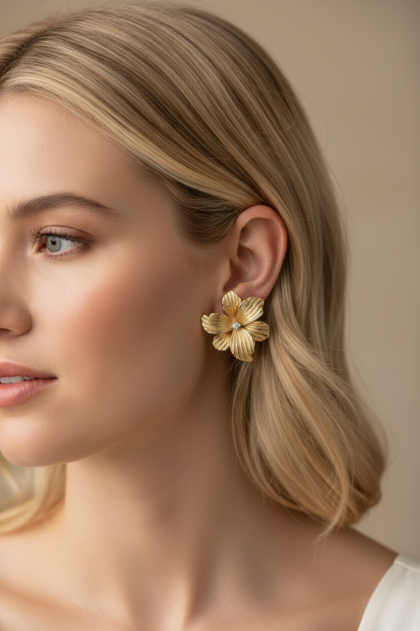 Gold chunky button stud earrings worn by blonde model - lifestyle shot showing scale and fit