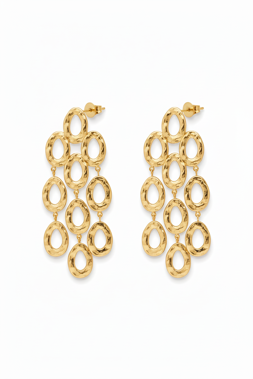 Long gold dangle circle fringe stud earrings 18k PVD plated stainless steel