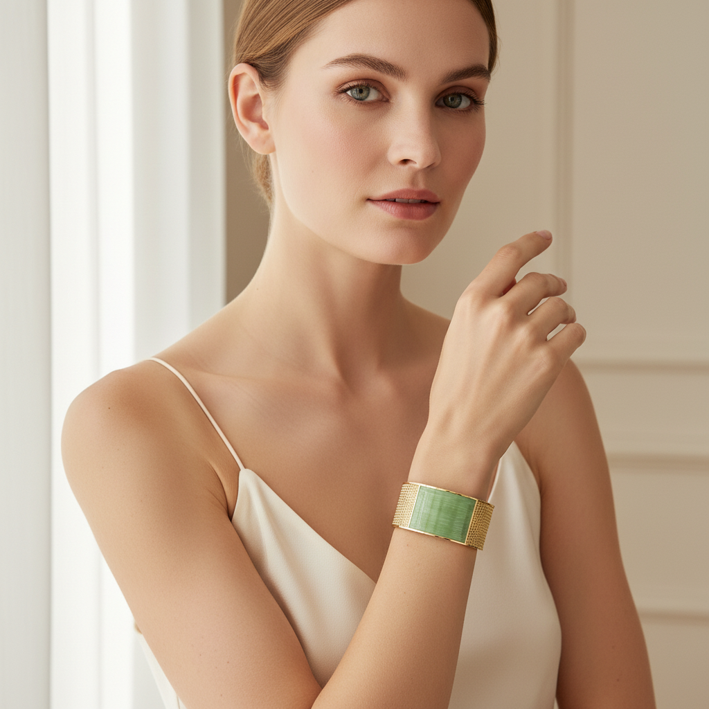 18k Gold Cuff Bracelet Green Enamel Worn on Wrist for Women
