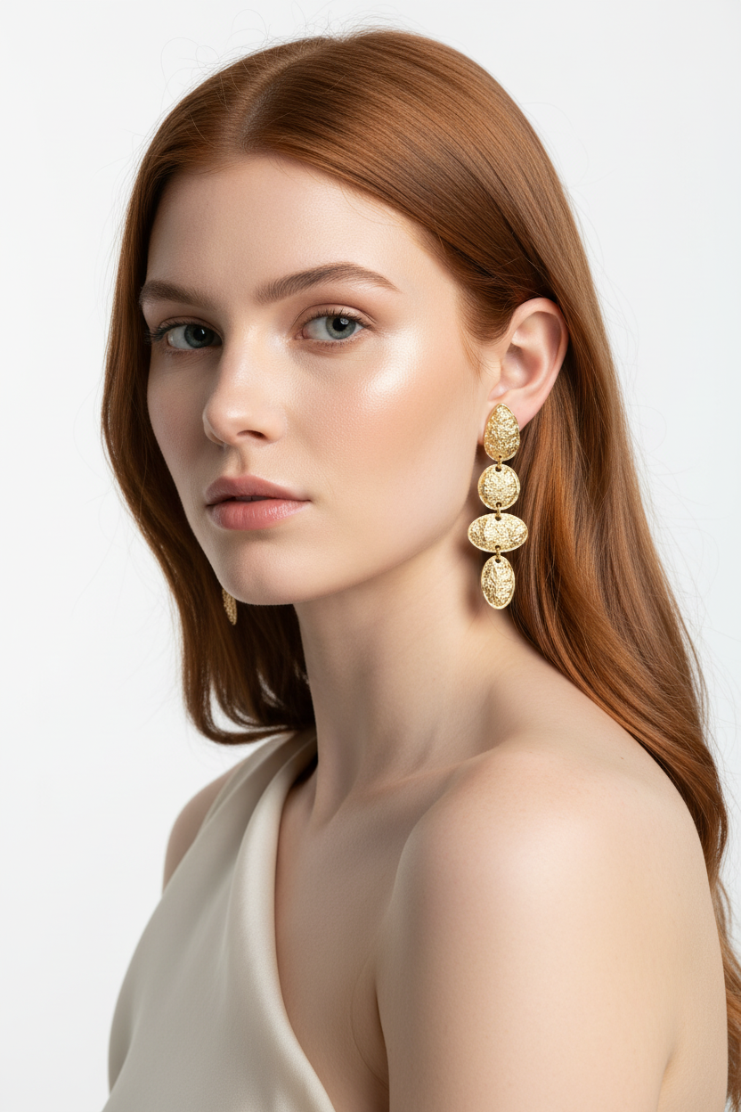 Gold dangle earrings 63mm worn - 18k gold plated drop earrings on red-haired model