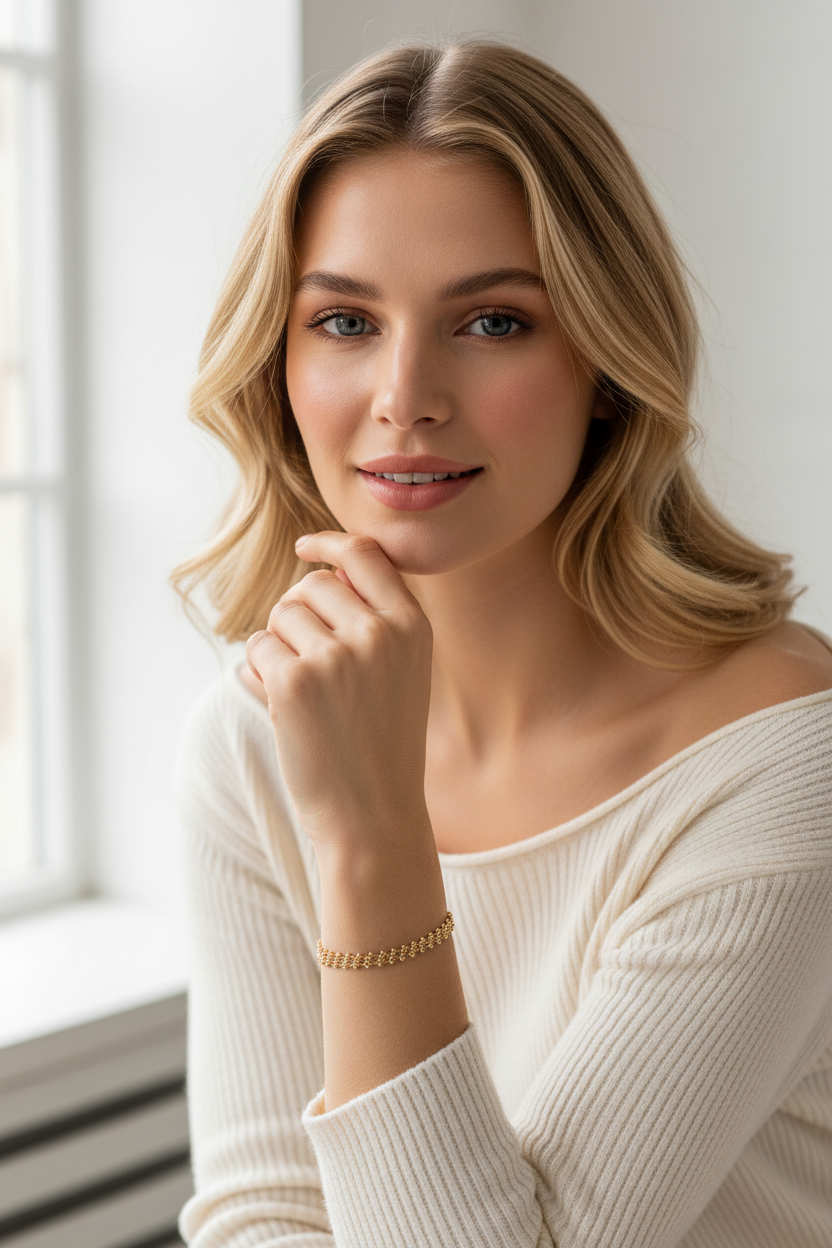 Gold double chain bracelet worn on wrist, Nordic model lifestyle editorial shot | Ms Friesch