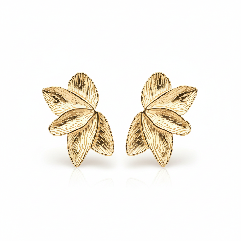 Large statement flower stud earrings in 18k PVD gold stainless steel on white background
