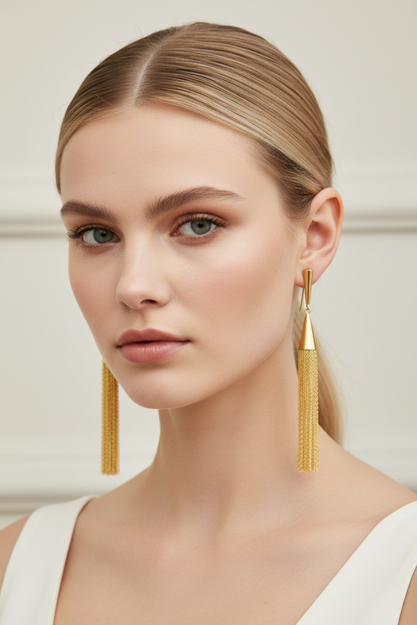 Nordic Model Wearing Gold Long Fringe Chain Stud Earrings | 18k Gold Plated Statement Earrings | Ms Friesch