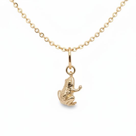 18K gold plated frog charm necklace with delicate chain on white background - lucky frog pendant jewelry
