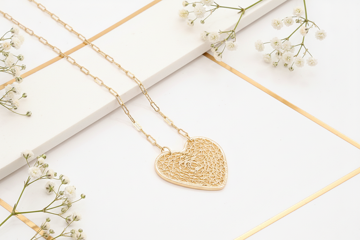 Elegant gold heart necklace in romantic white and gold setting
