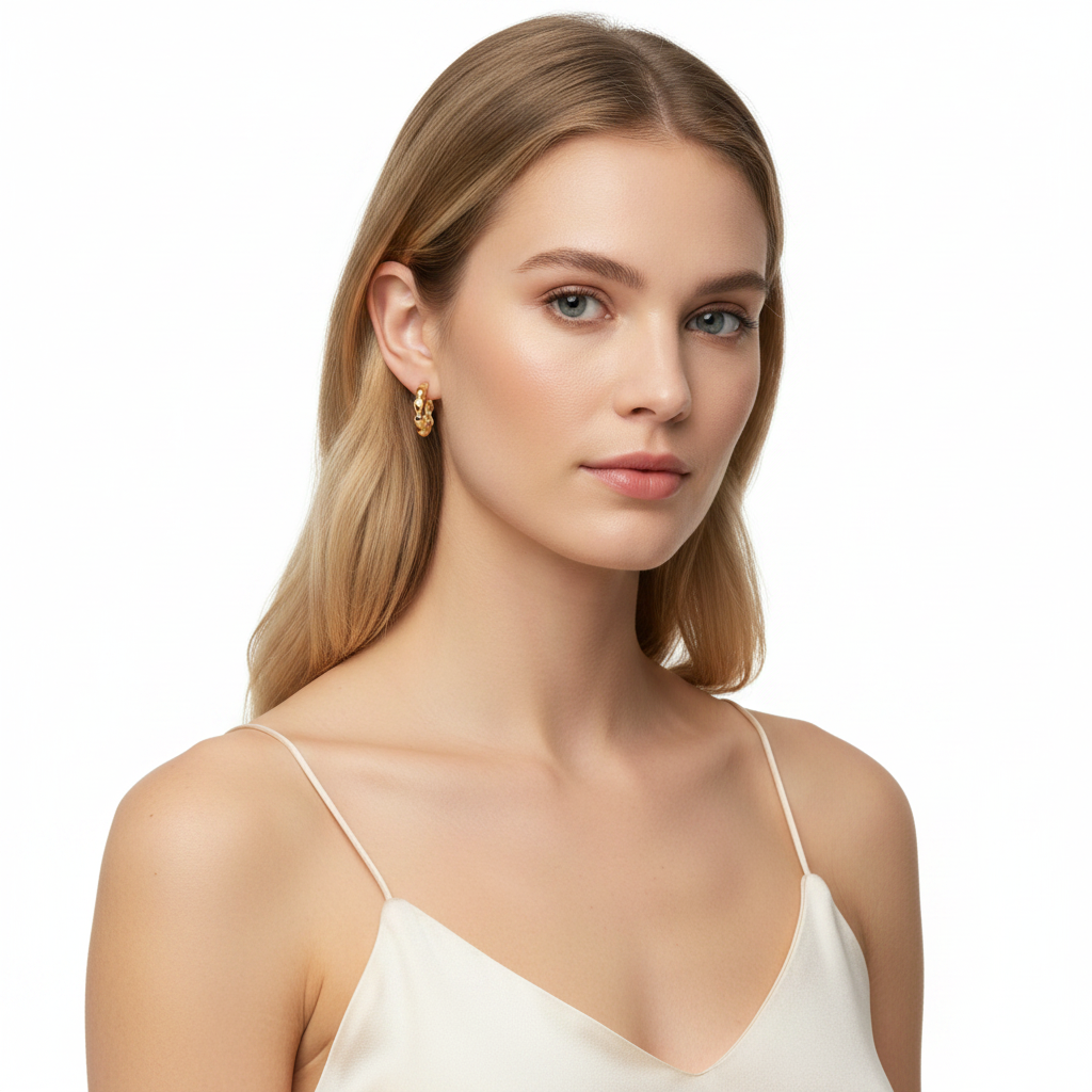 18k Gold Plated Huggie Hoop Earrings on Model – Small Gold Hoops Women
