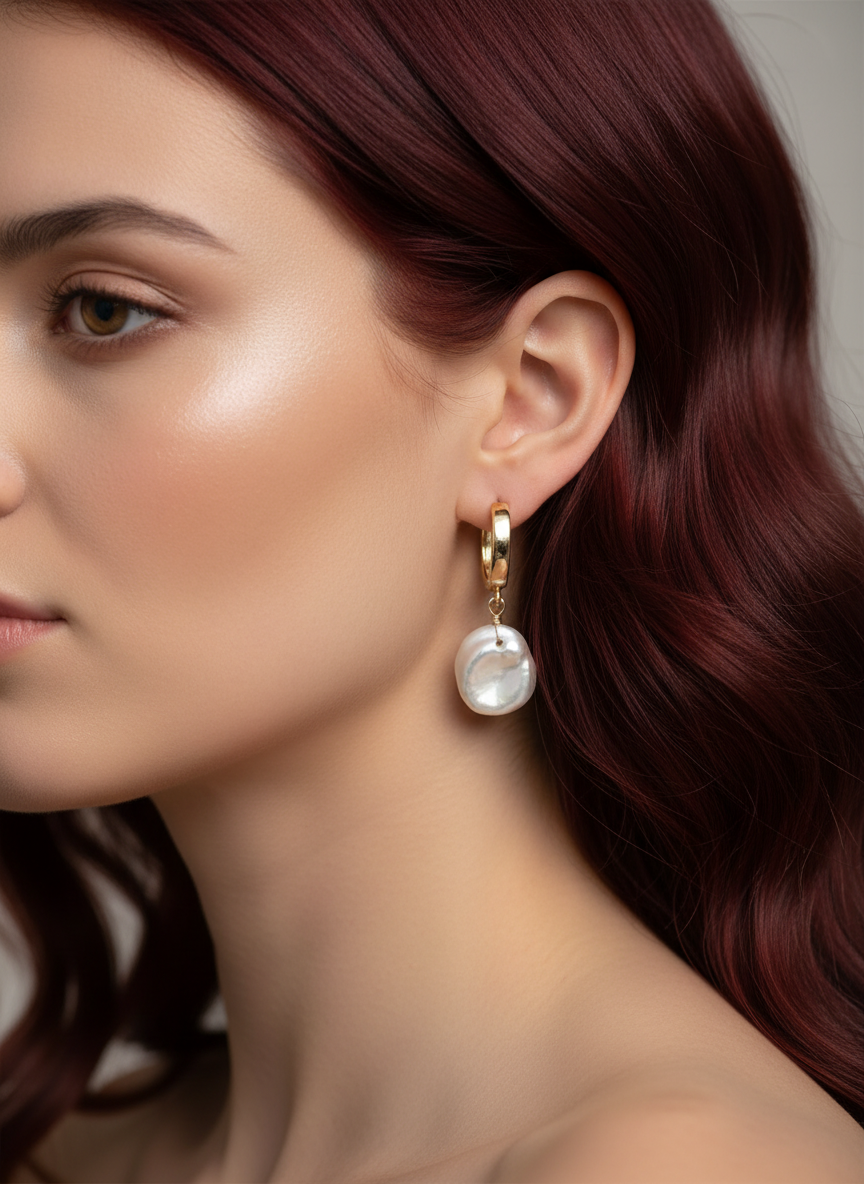Gold keshi pearl hoop earrings on model with red mahogany hair