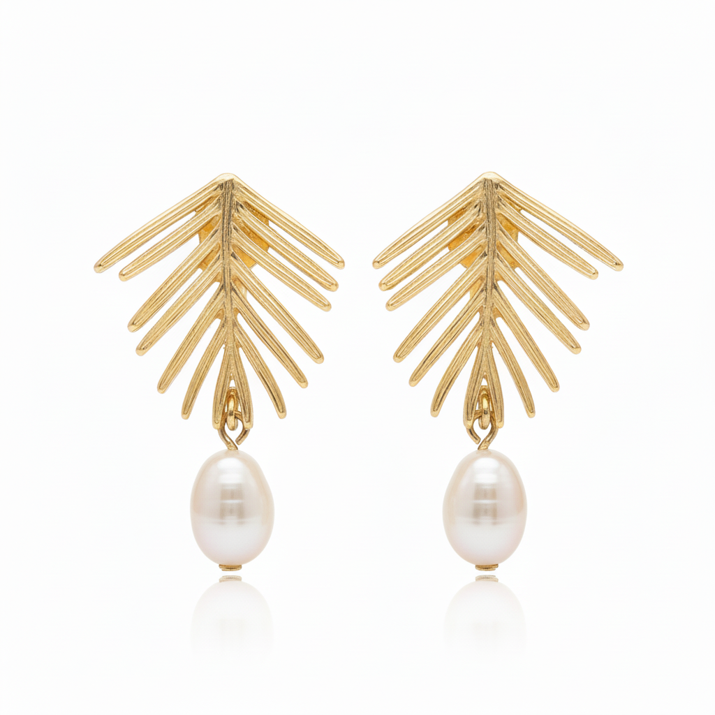 Gold leaf dangle earrings with oval freshwater pearl drop – 18k gold plated, 30x20mm – Ms Friesch