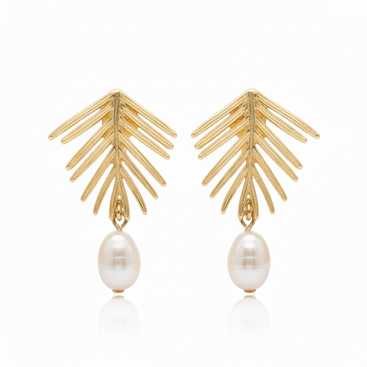 Gold leaf dangle earrings with oval freshwater pearl drop – 18k gold plated, 30x20mm – Ms Friesch
