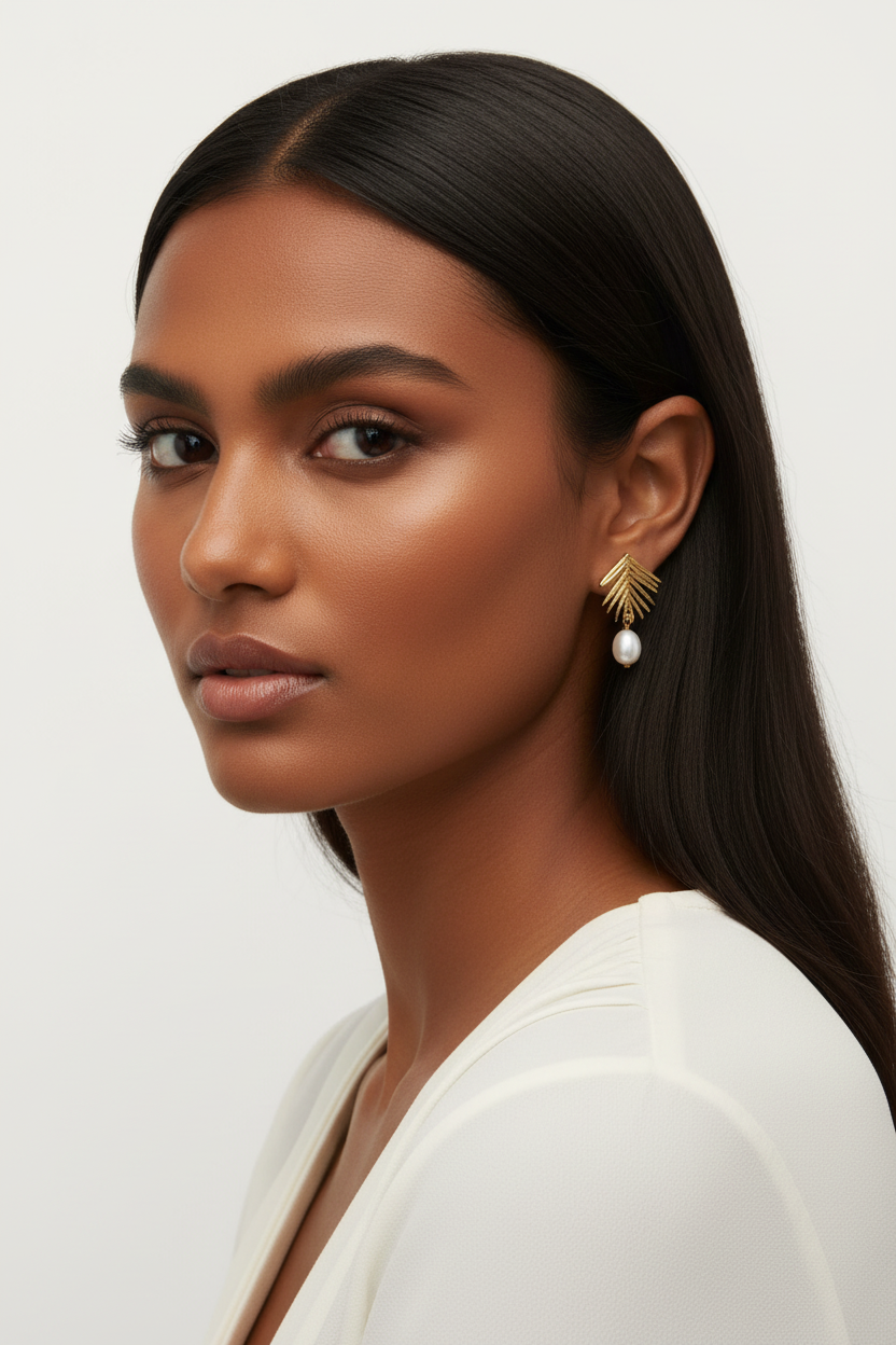 Tanned model wearing gold leaf and freshwater pearl dangle earrings – 18k gold plated jewelry by Ms Friesch