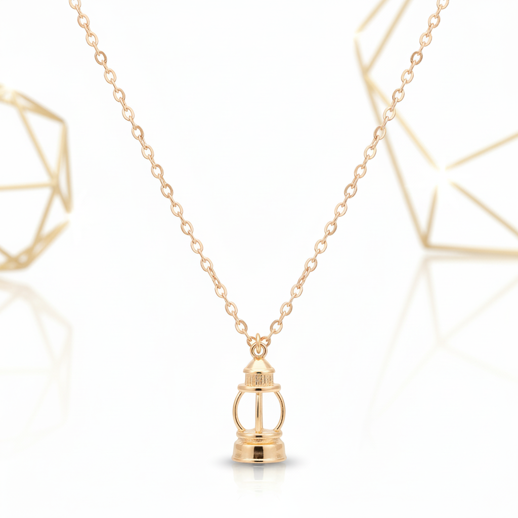 Gold Lighthouse Charm Necklace on White Background | 18k Gold Plated | Ms Friesch