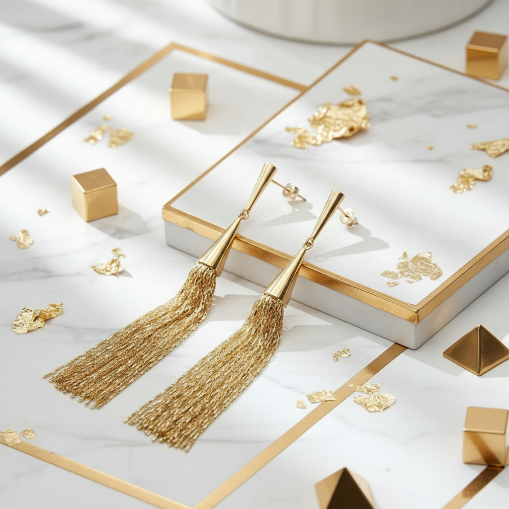 18k Gold Plated Long Chain Fringe Stud Earrings | Lightweight Hypoallergenic | Ms Friesch