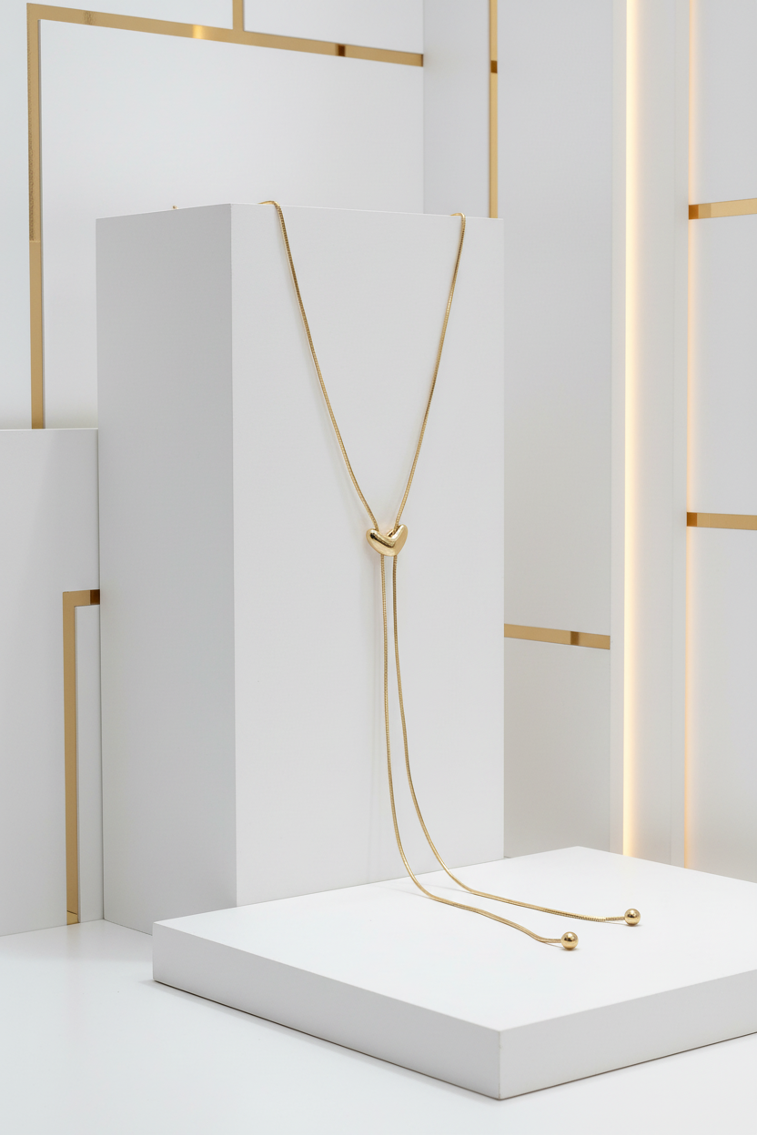 Long gold lariat necklace displayed in white and gold setting - luxury 18k PVD gold plated jewelry
