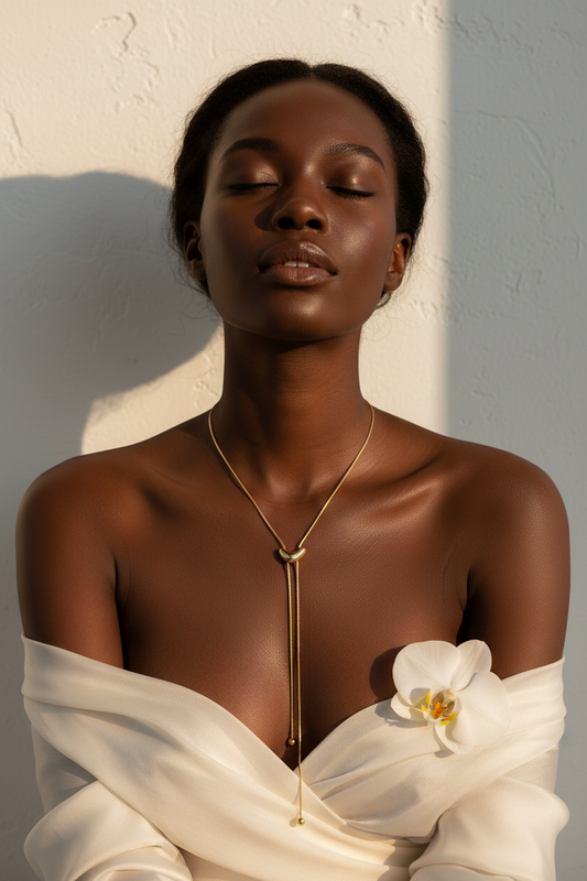 Long gold lariat necklace worn by model showing elegant draping and hanging chain detail - 18k PVD gold plated stainless steel
