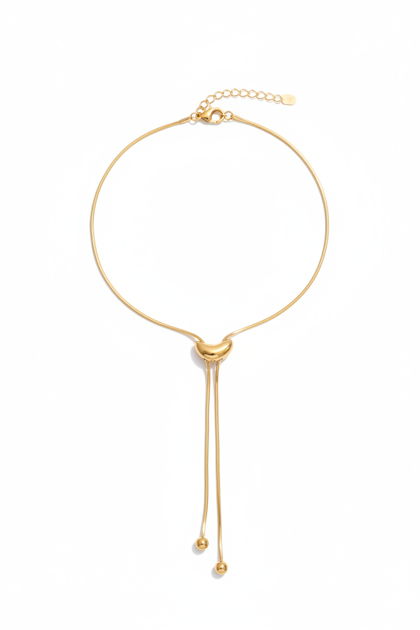 Close-up of long gold lariat necklace clasp and chain detail - waterproof 18k PVD plated stainless steel
