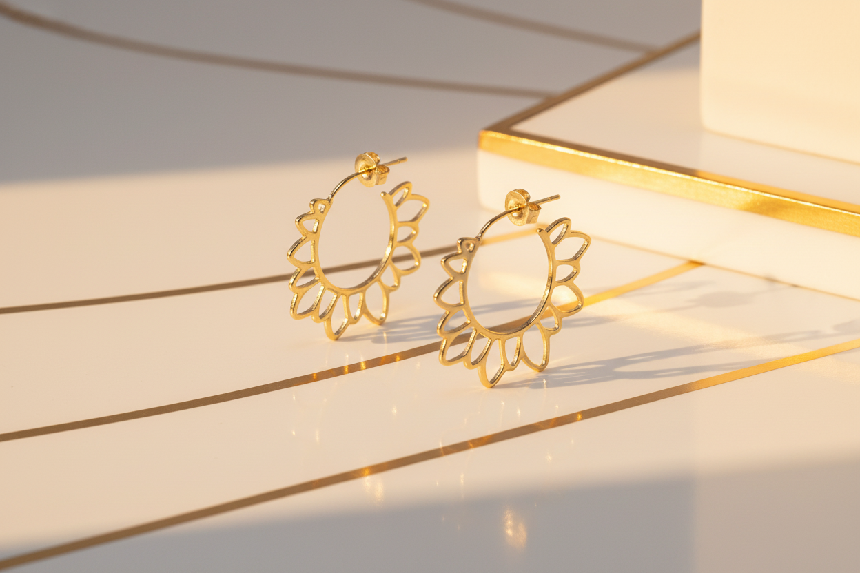 Gold open hoop earrings in white and gold environment