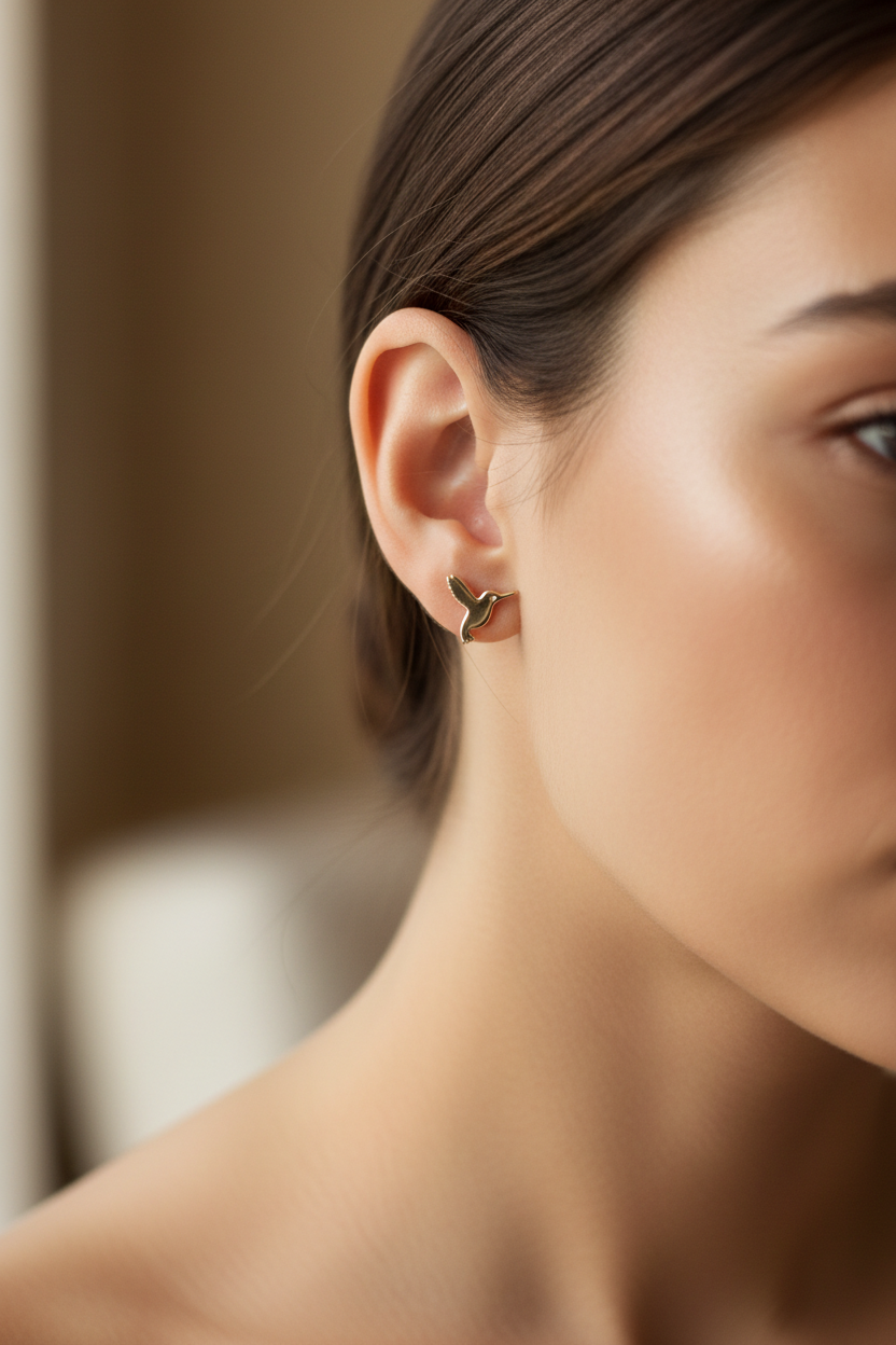 Small gold hummingbird earrings 10mm worn by model close up delicate bird stud earrings
