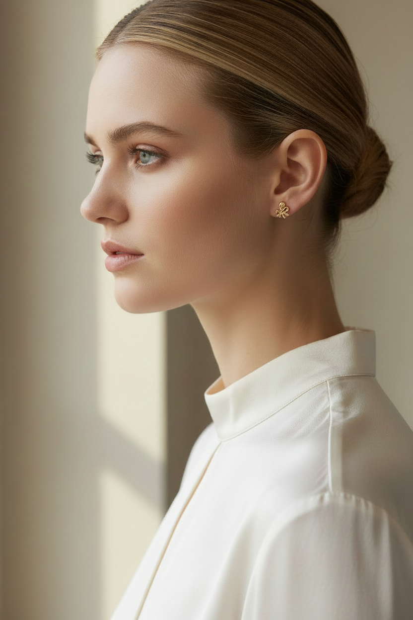 Nordic model wearing small gold plated octopus stud earrings 8x9mm showing true delicate size
