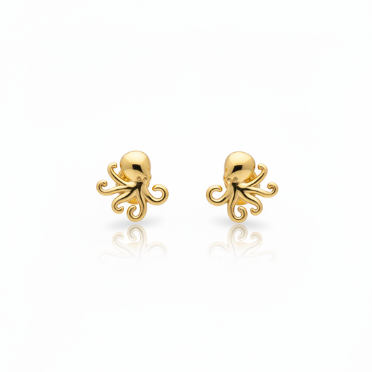 Gold plated octopus stud earrings 8x9mm on white background showing intricate tentacle detail