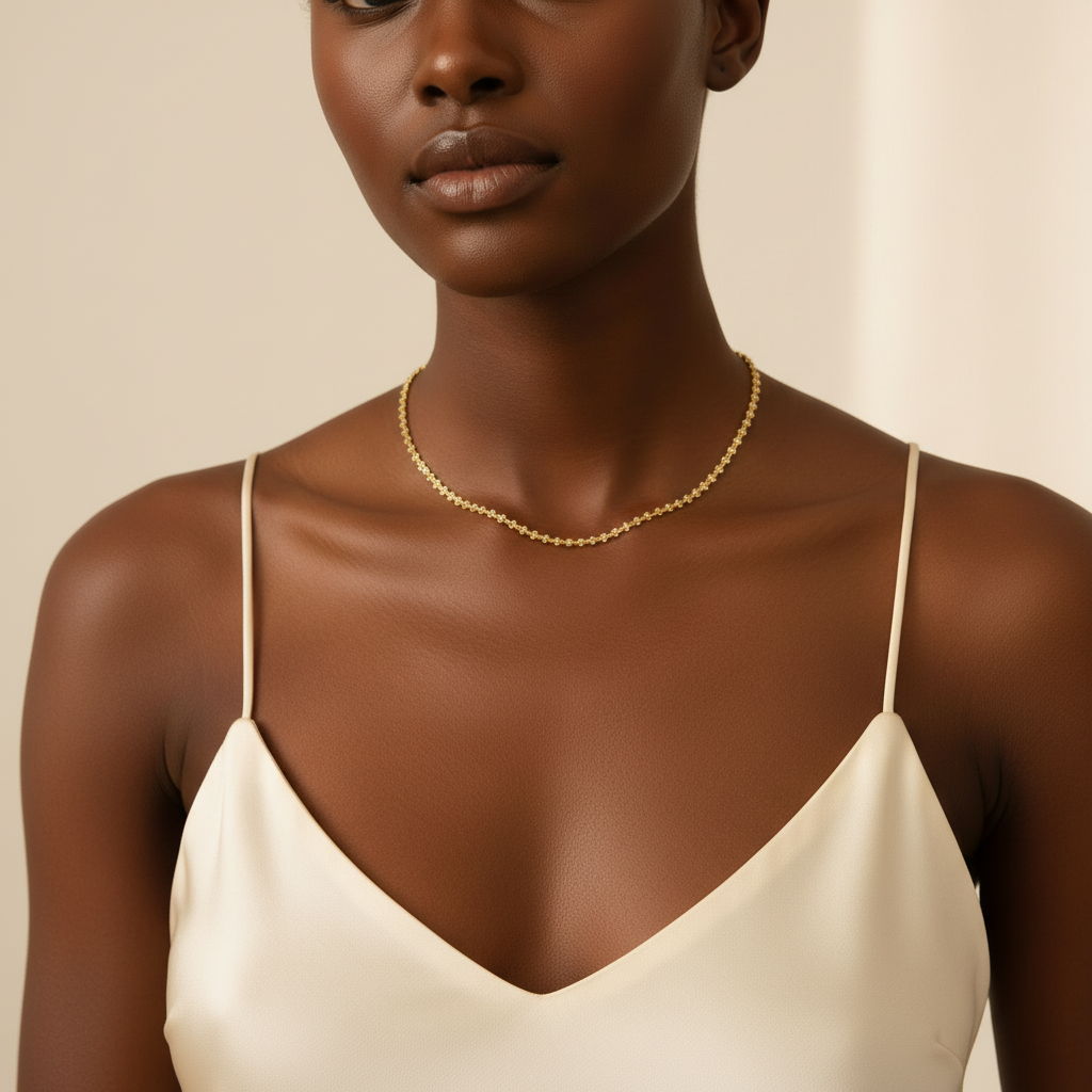 18k Gold Plated Satellite Chain Choker Necklace on Model
