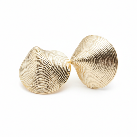 Gold shell button earrings on white background - 25mm chunky statement studs with natural shell texture