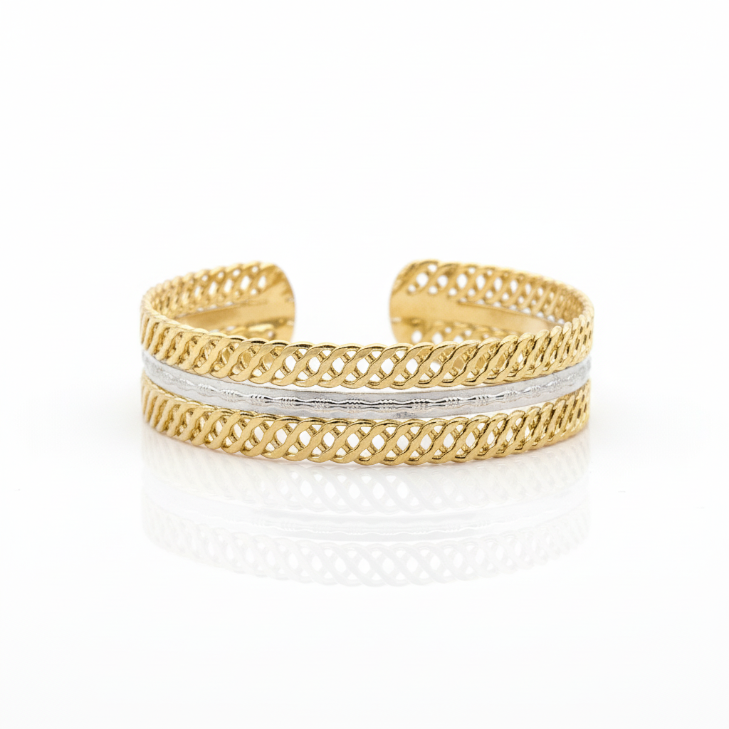 Gold and silver plated braided cuff bracelet two-tone design front view
