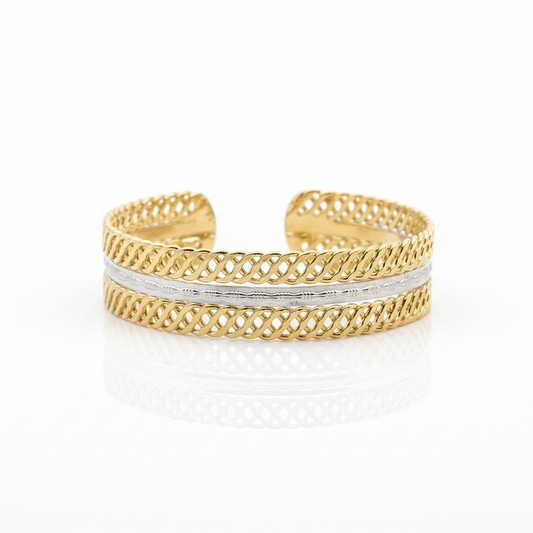 Gold and silver plated braided cuff bracelet two-tone design front view