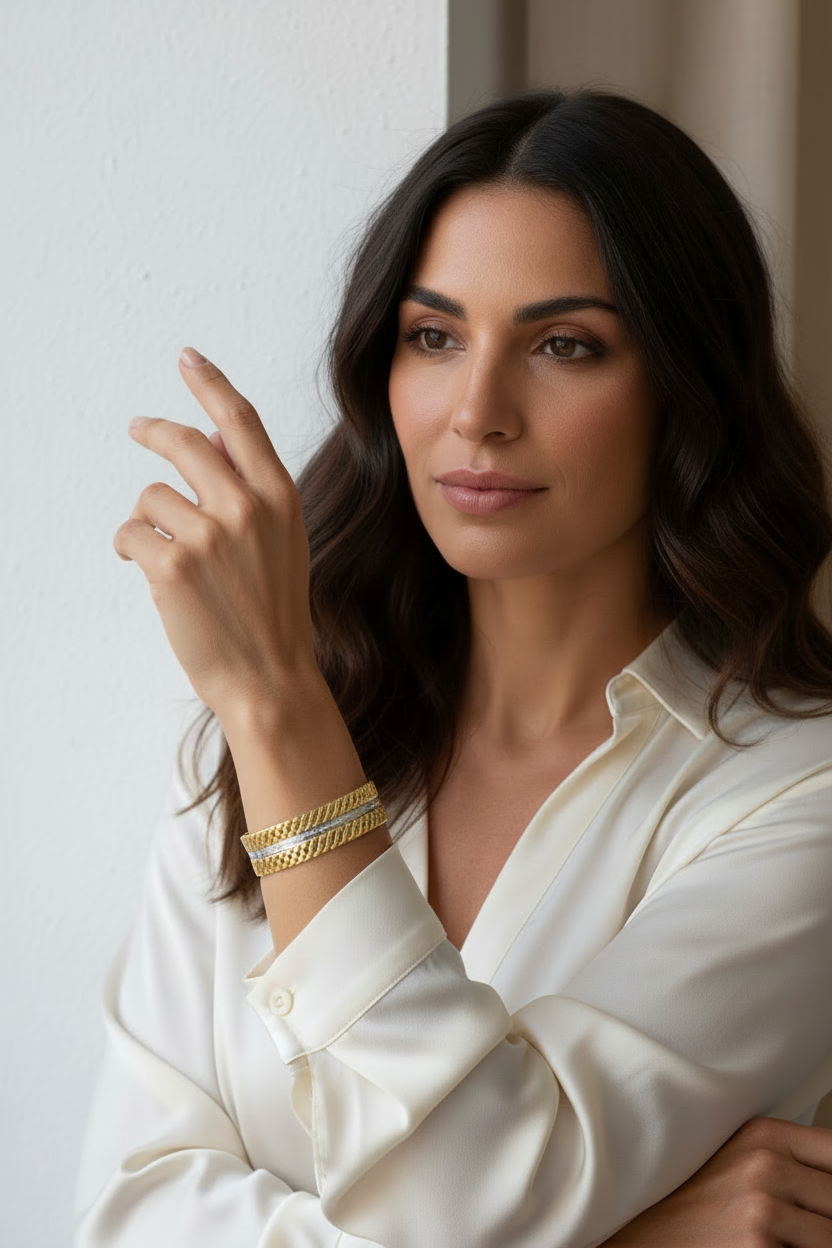 Braided cuff bracelet gold silver stackable adjustable detail shot