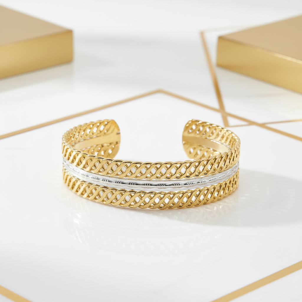 Two-tone braided metal cuff bracelet hypoallergenic elegant jewelry close up