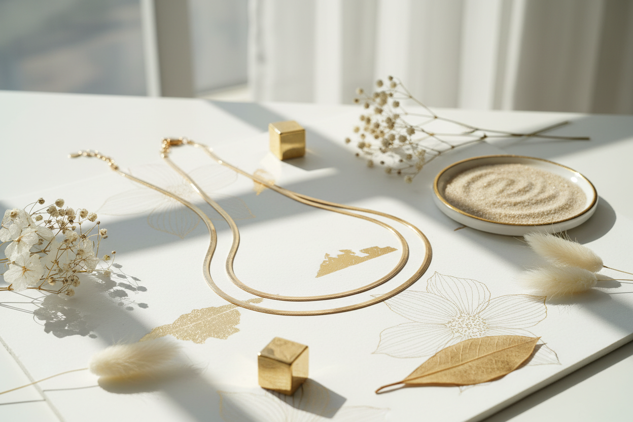 Gold snake chain necklace in white and gold environment