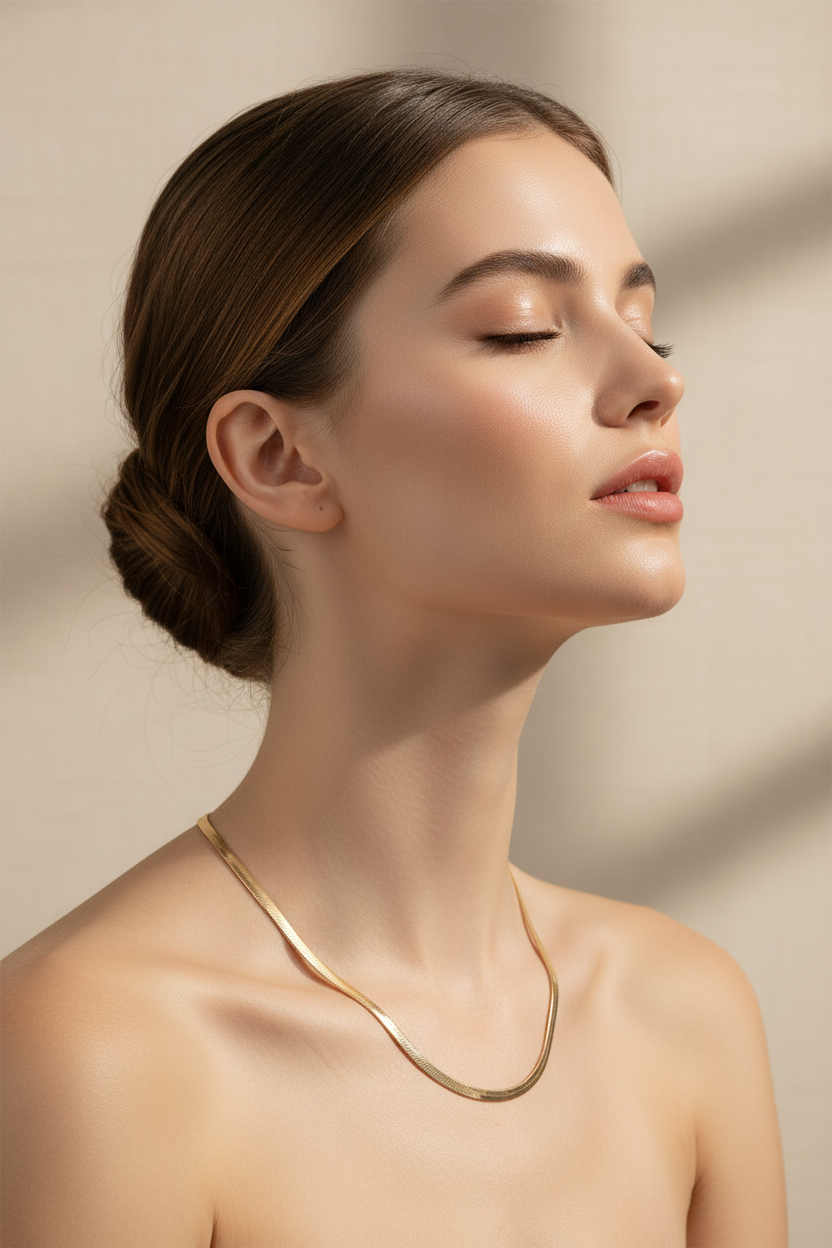 Gold snake chain necklace on model using product image