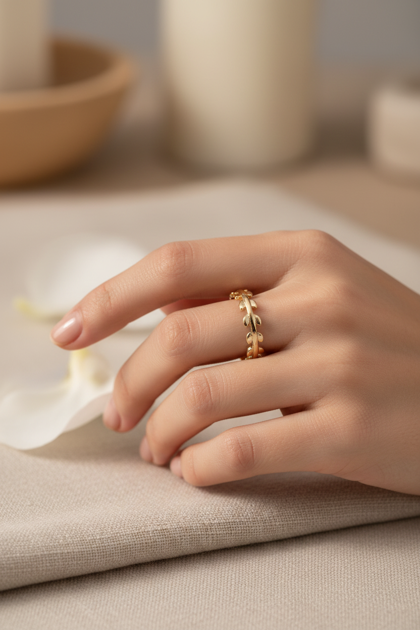 Woman wearing 18k gold plated spike ring, stackable boho statement jewelry