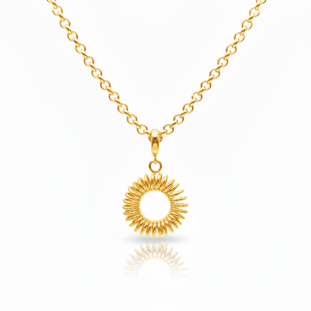 Gold spiral donut pendant necklace with 14k gold filled rollo chain on white background
