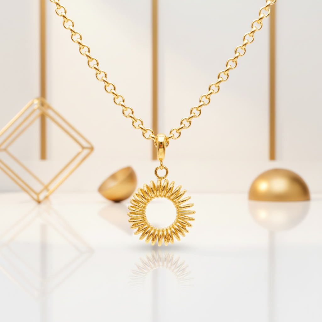 18k gold plated spiral donut pendant necklace in luxury white and gold setting
