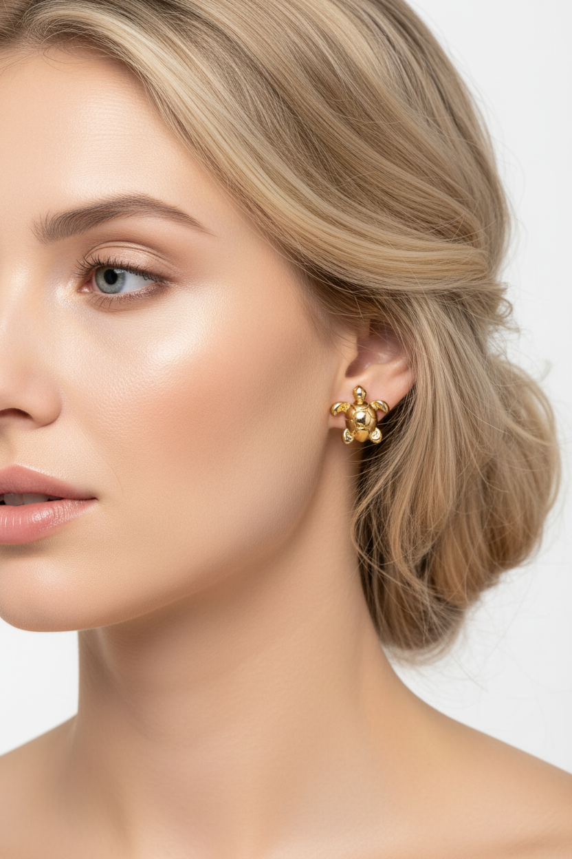 Gold Turtle Earrings on Blonde Model