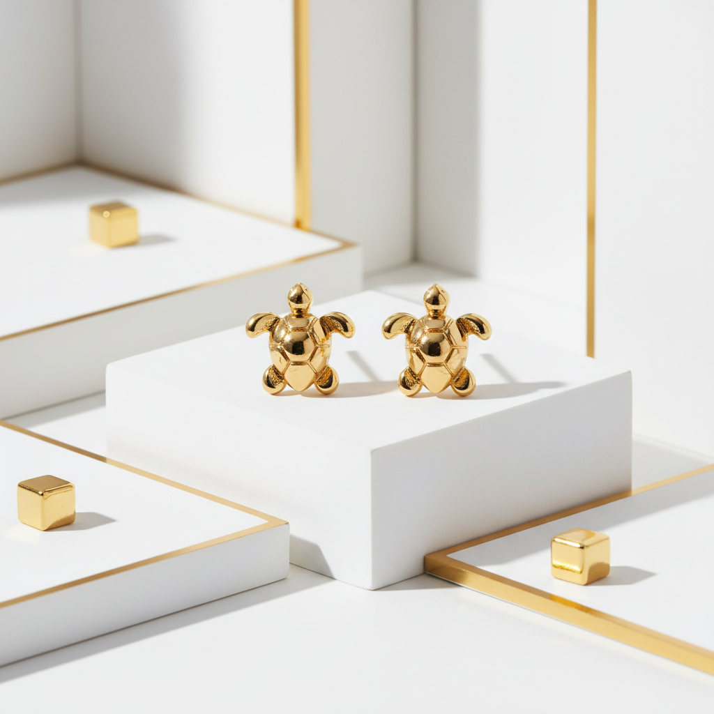 Gold Turtle Earrings White and Gold Setting