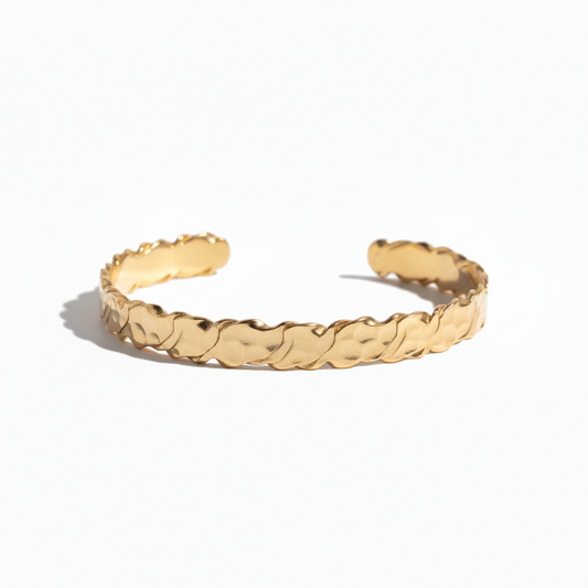 18k gold plated hammered cuff bracelet on white background - Ms Friesch