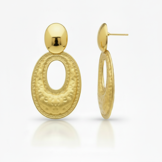 Hammered gold open oval stud earrings in 18k PVD stainless steel – front and side view

