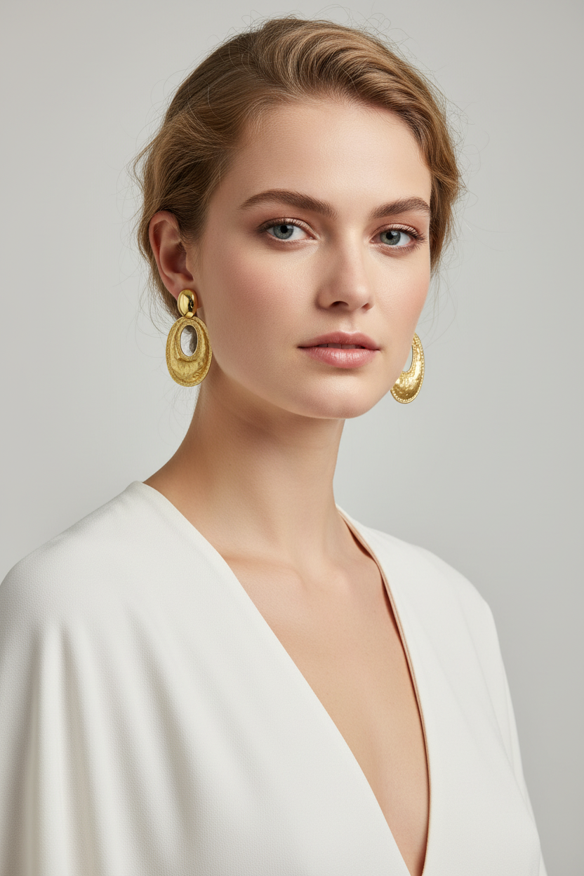 Woman wearing hammered gold oval drop earrings in 18k PVD gold stainless steel – editorial jewelry look
