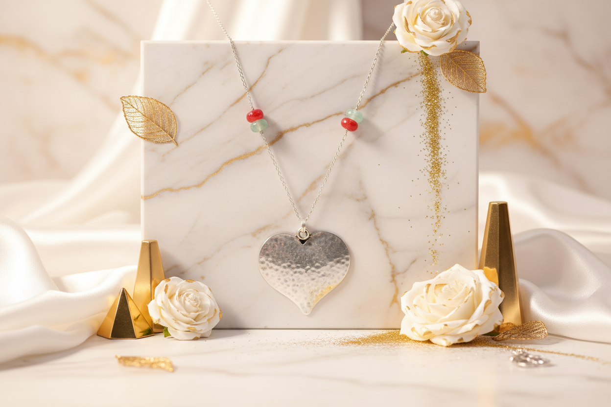 Elegant sterling silver heart necklace with chalcedony in luxury setting