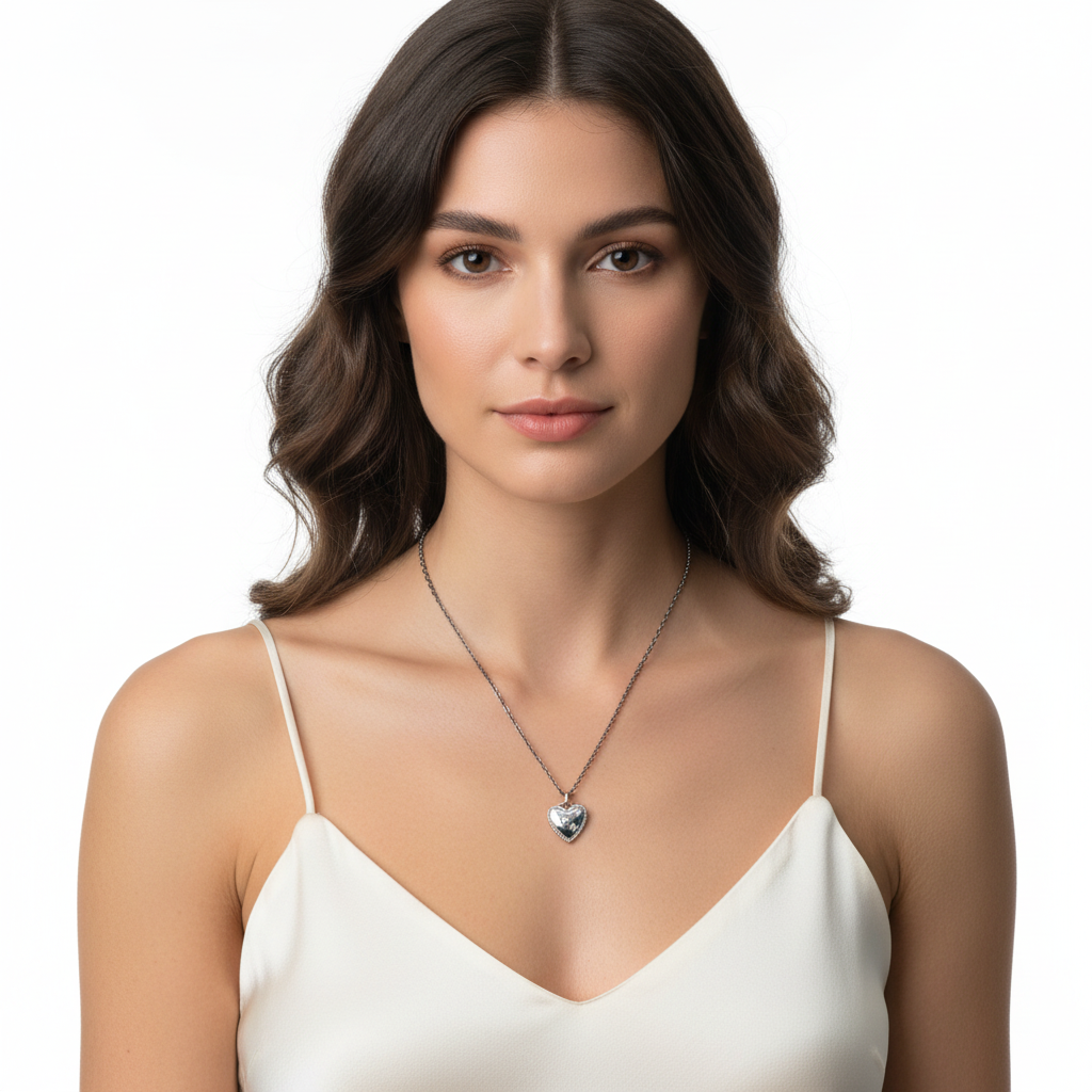 Oxidized Silver Heart Pendant Necklace on Model – CZ Dainty Necklace for Women
