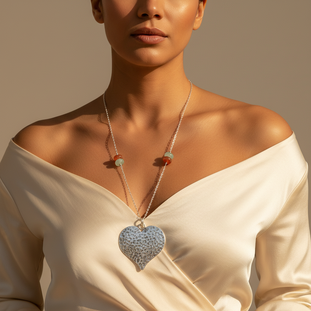 Sterling Silver Heart Necklace Green Chalcedony Rondelles Long Chain Jewelry Gift for Women
