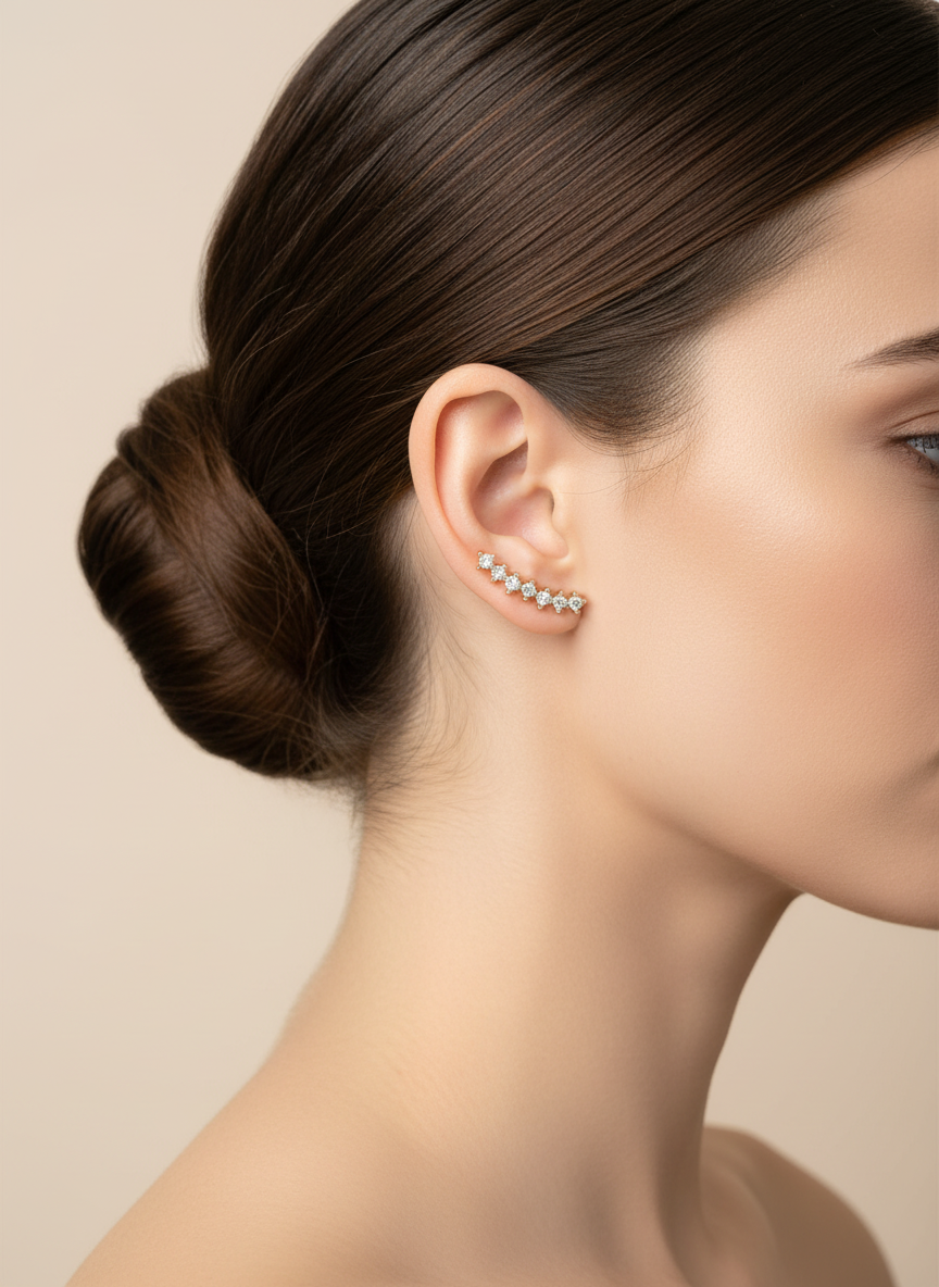 Close-up of gold plated CZ bar stud earring showing sparkling cubic zirconia detail - sustainable jewelry