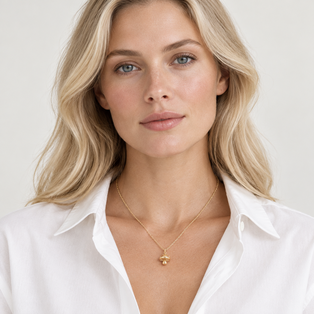 Model wearing an 18k Gold Plated mushroom charm necklace with an open white shirt
