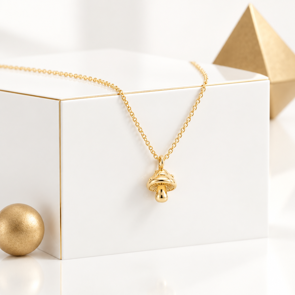 3D mushroom charm necklace draped over a white pedestal with gold trim and matte gold props