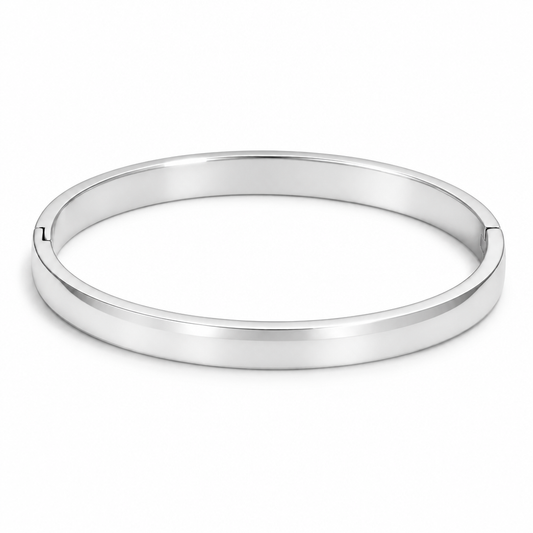Platinum PVD hinged bangle with a polished finish on a white background